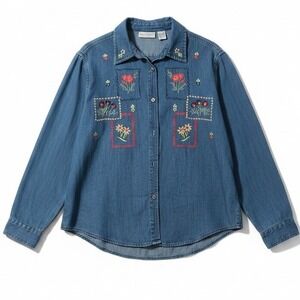 Allyson Whitmore Floral Embroidered Blue Denim Button Down, Women's Petite Large